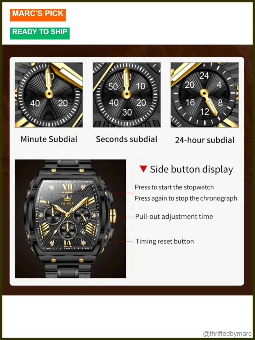 Mens Analog Quartz Chronograph Square Dress Watch Stainless Steel Leather Band